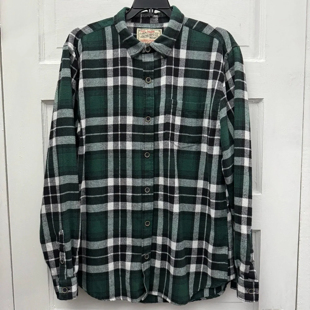 Plaid Flannel Button Up Shirt Jachs MFG Co Men L Green Black - Picture 1 of 9